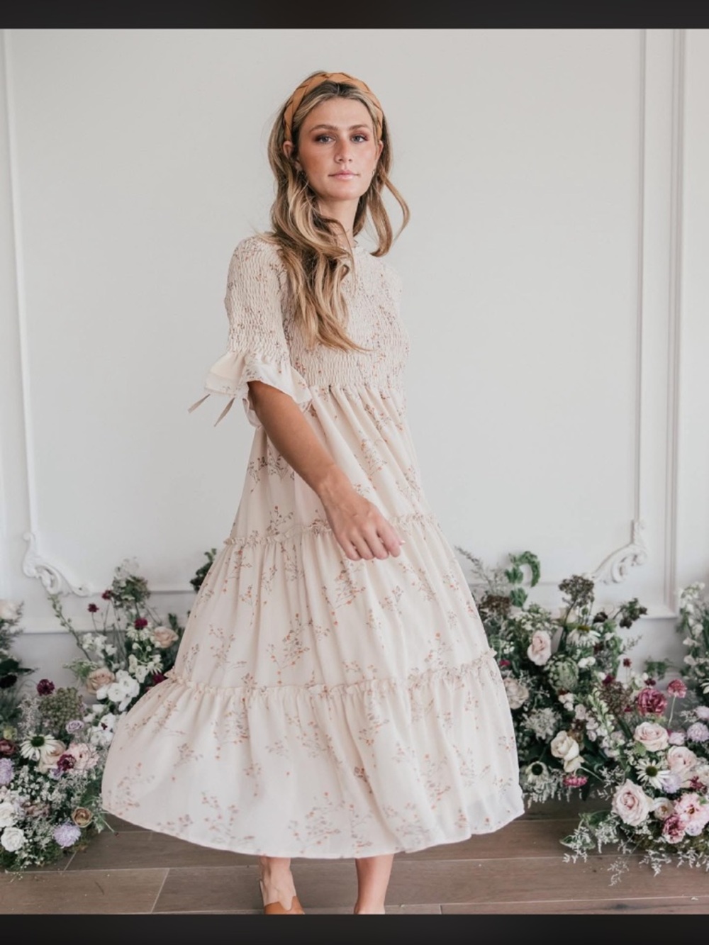 JessaKae Beige Floral Smocked Midi Dress